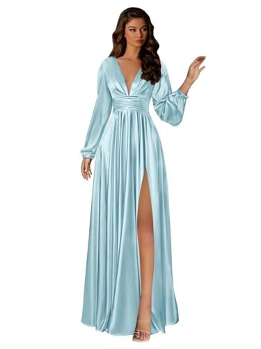 Fashionbride Women's Light Blue Satin Bridesmaid Dresses Elegant A Line Prom Dress with Sleeve Sexy Side Slit Ruched Formal Evening Dress for Party US26W | Amazon (US)