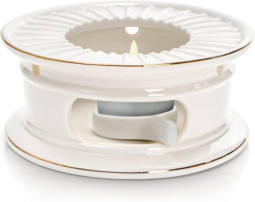 Ceramic Teapot Warmer, Gold Rim Teapot Heater with Tealight Holder, White Porcelain Tea Kettle Ho... | Amazon (US)