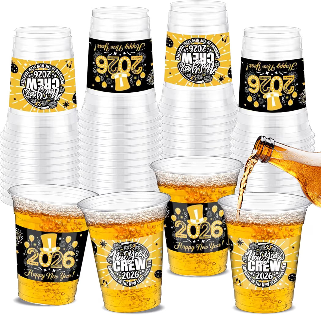 50 Pcs 12 oz Happy New Year Plastic Cups Clear New year's Eve Party Cups Bulk Black Gold Drinking... | Amazon (US)