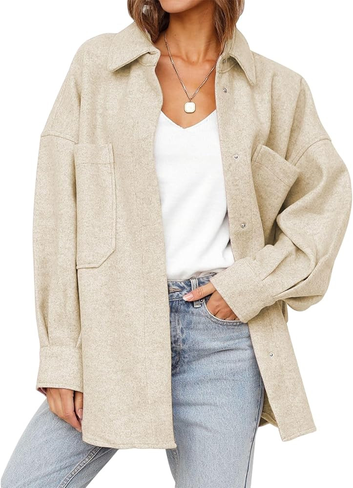 Women's 2024 Fall Oversized Long Sleeve Shacket Jacket Casual Loose Button Down Wool Blend Blouse... | Amazon (US)