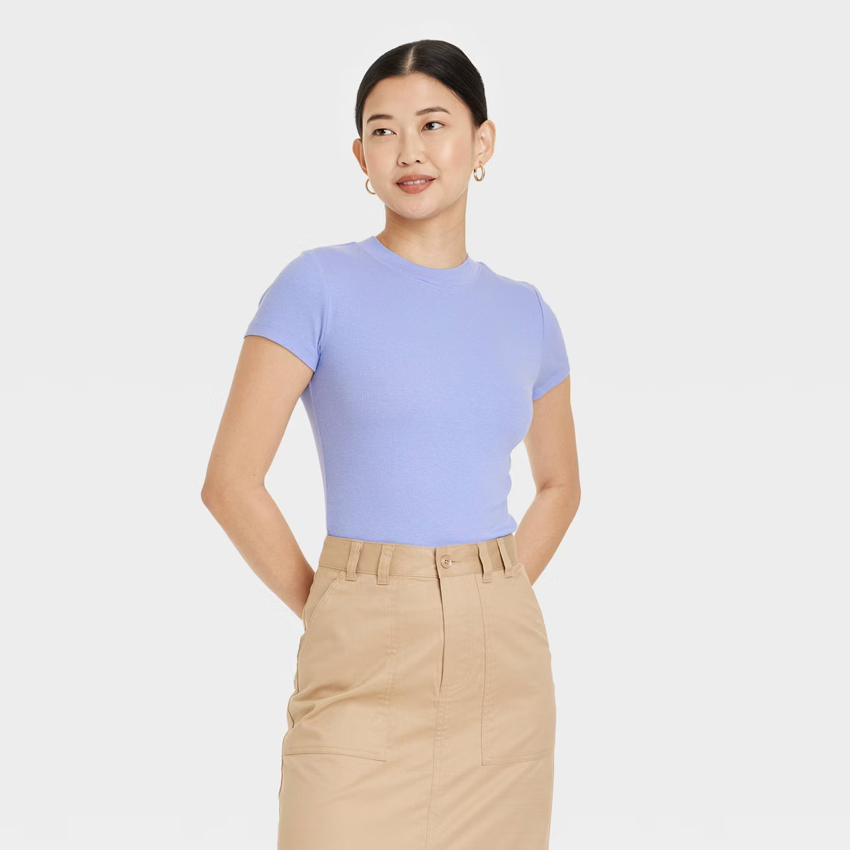 Women's Slim Fit Short Sleeve Ribbed T-Shirt - A New Day™ Purple L | Target