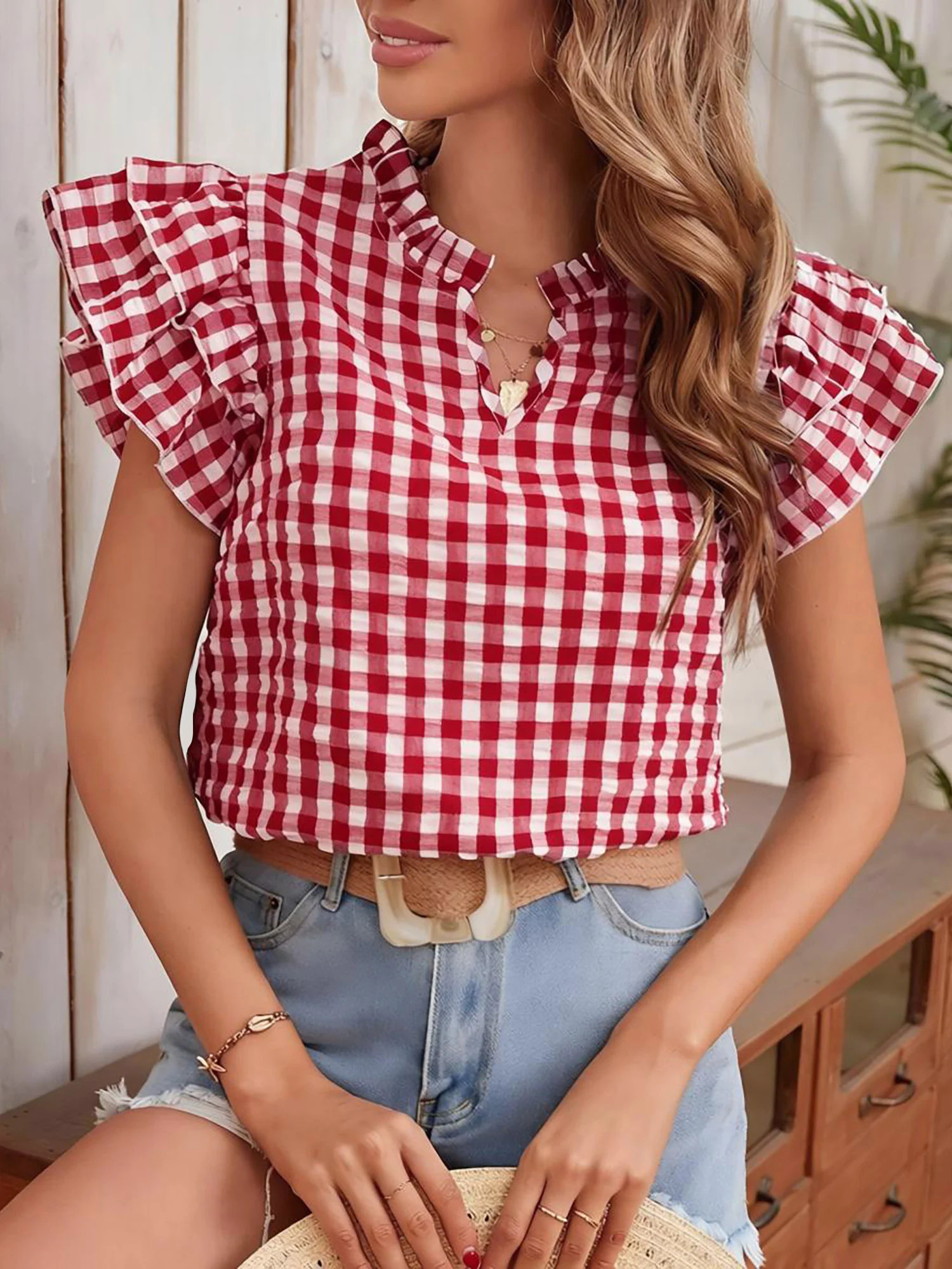 Gingham Double-Layer Ruffled Sleeves Blouse | allegra-k