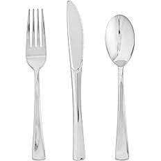 FOCUSLINE 75 Pack Silver Plastic Silverware Disposable Cutlery Set - 25 Forks, 25 Knives, 25 Spoo... | Amazon (US)
