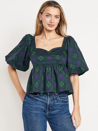 Puff-Sleeve Plaid Poplin Peplum Top | Old Navy (US)