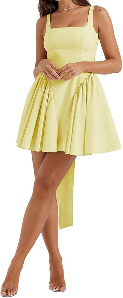 Womens Square Neck Dress Sleeveless Backless Swing A-Line High Waist Tie Waist Ruffle Hem Summer ... | Amazon (US)