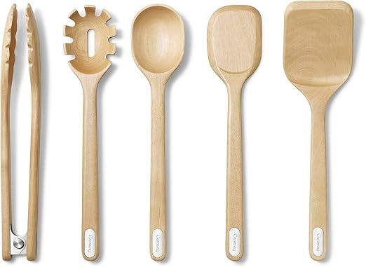 Caraway Wooden Utensil Set - 5 Piece Cooking Utensil Set - Spoon, Server, Scraper, Spatula, & Ton... | Amazon (US)