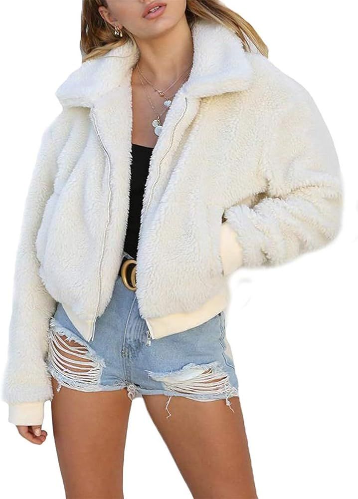 Women Casual Fuzzy Sherpa Coats Warm Fluffy Jacket with Fleece Lined Crop top Zipper Faux Jacket ... | Amazon (US)