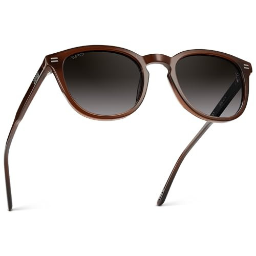 WMP Eyewear - Men's Classic Round Polarized Sunglasses, Premium Slim Acetate Frame with Dashed Rivet Details (Burnt Cedar Brown/Oak Brown Gradient Lens) | Amazon (US)
