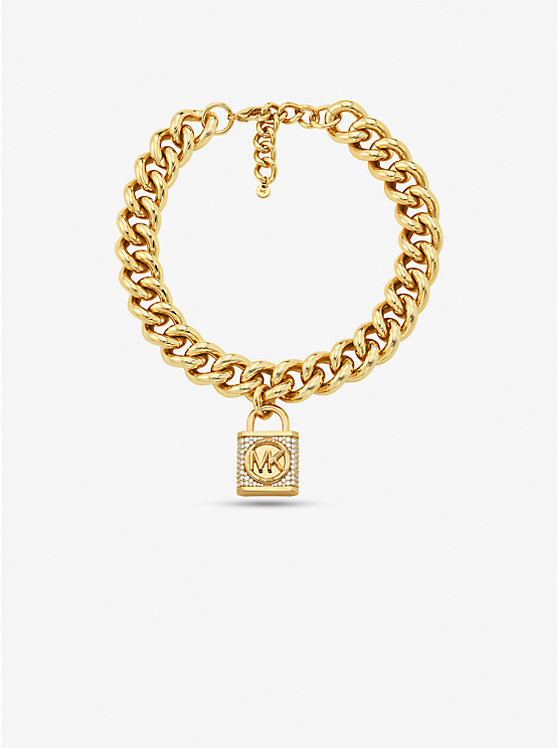 Precious Metal-Plated Brass Pavé Lock Curb Link Necklace | Michael Kors CA