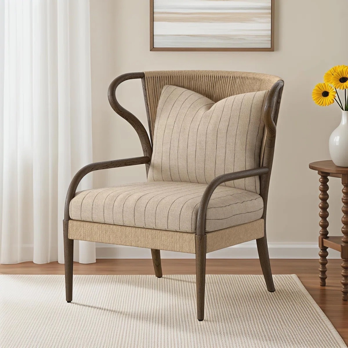 Accent chairs ,Inspired by the traditional wingback chair but with an art nouveau twist. The wing's organic curved frame creates a mixed media moment with the woven seat back and flax/linen upholstery. A rope fixed to the back of the seat cushion is both functional and aesthetic, creating a more relaxed, comfortable look

#LTKHome