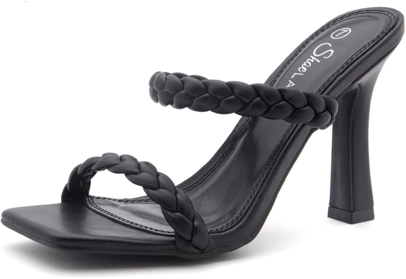 Shoe Land SL-Miley Women's Square Open Toe Heeled Mules Double Braided Strap Slide Sandals | Amazon (US)