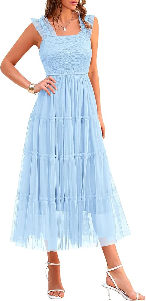 PRETTYGARDEN Women's Summer Midi Tulle Dress Sleeveless Smocked Square Neck Ruffle Flowy Party We... | Amazon (US)