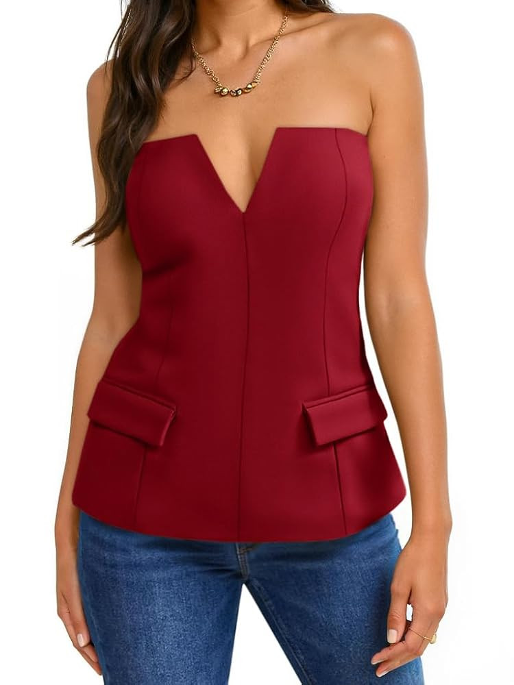 Cicy Bell Womens Strapless Tube Tops Summer Fitted Notched Neck Blazer Vest Business Dressy Casua... | Amazon (US)
