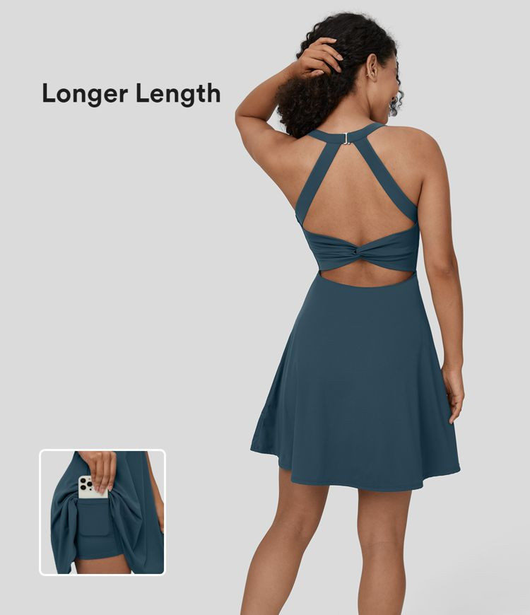 U Neck Backless Twisted Cut Out 2-in-1 Side Pocket Mini Barre Ballet Dance Dress-Longer Length | HALARA