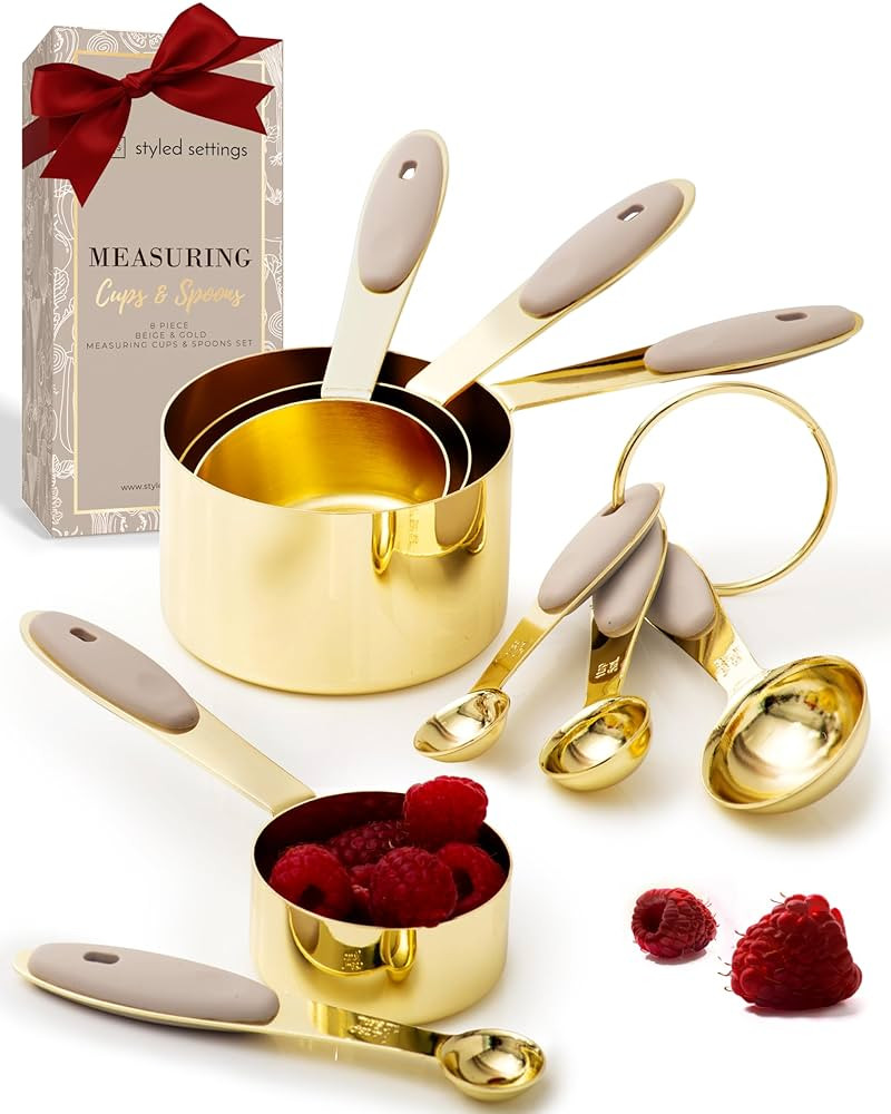 Gold Measuring Cups and Spoons Set – 8-Piece Brass Measuring Set with Beige Silicone Handles fo... | Amazon (US)