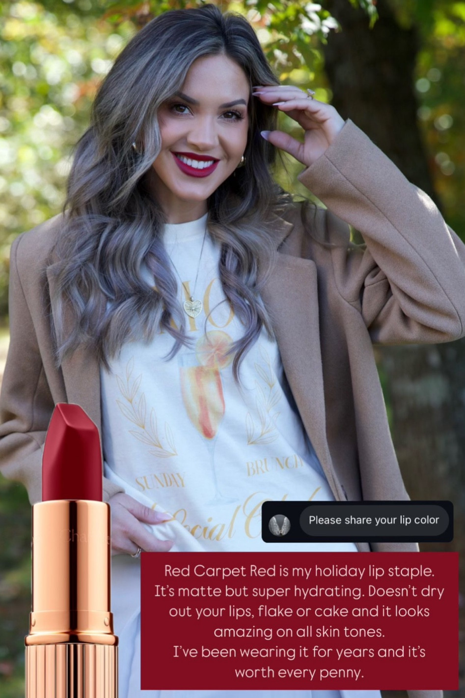 Charlotte Tilbury’s Red Carpet Red is my holiday lip staple.

It's matte, but super hydrating. Doesn't dry out your lips, flake or cake and it looks amazing on all skin tones.
I've been wearing it for years, and it's worth every penny.

#LTKSeasonal #LTKHoliday #LTKBeauty