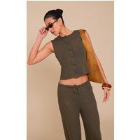 Khaki Textured Button Up Waistcoat, Khaki | PrettyLittleThing IE