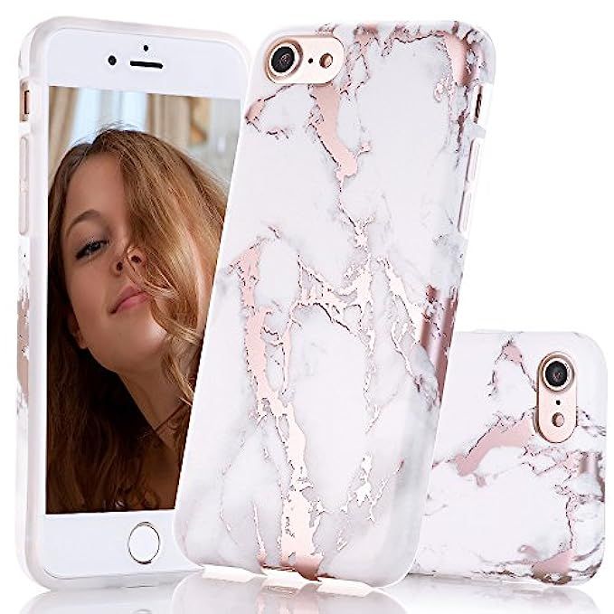 BAISRKE iPhone 7 Case, iPhone 8 Case Shiny Rose Gold White Marble Design Clear Bumper Matte TPU Soft | Amazon (US)