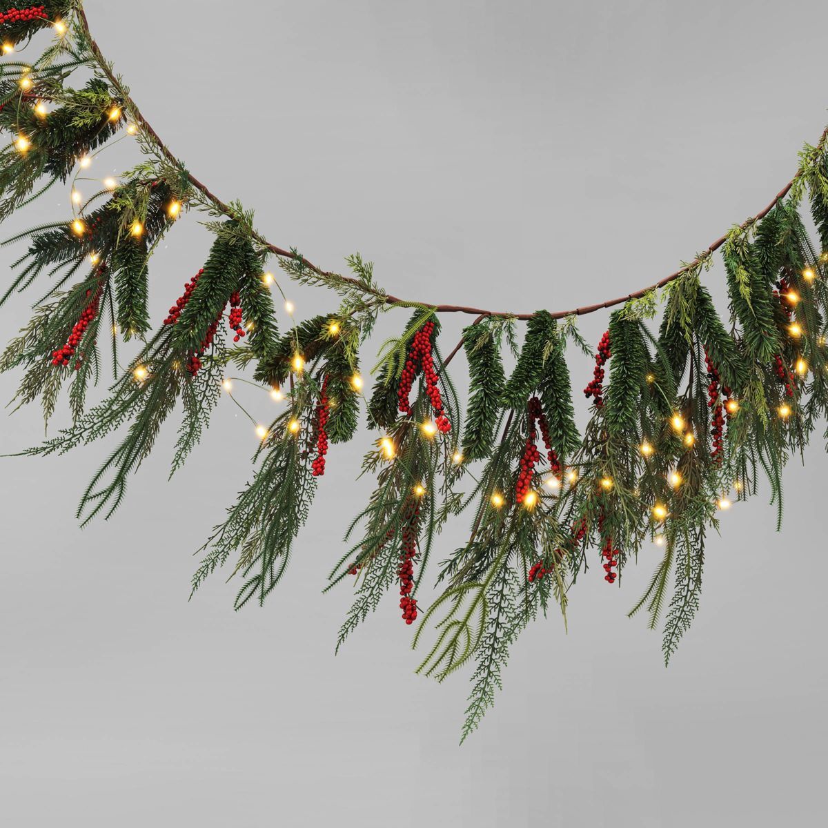 6' Pre-lit Mixed Greenery and Red Berries Artificial Christmas Garland Green with Warm White Ligh... | Target