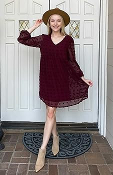 KIRUNDO Fall 2022 Women's Dresses Long Sleeve Short Mini Dress V Neck Flowy Casual Swiss Dot Loos... | Amazon (US)