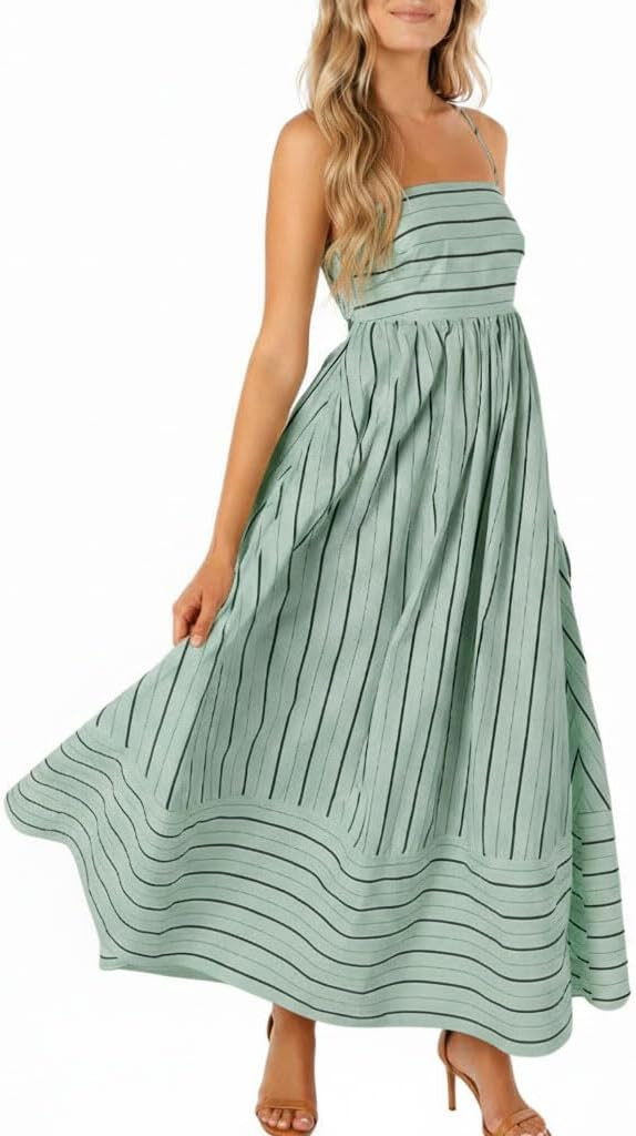 chouyatou Women's Striped Back Smocked Maxi Dress Sexy Spaghetti Strap Cut Out Flowy Swing Long D... | Amazon (US)