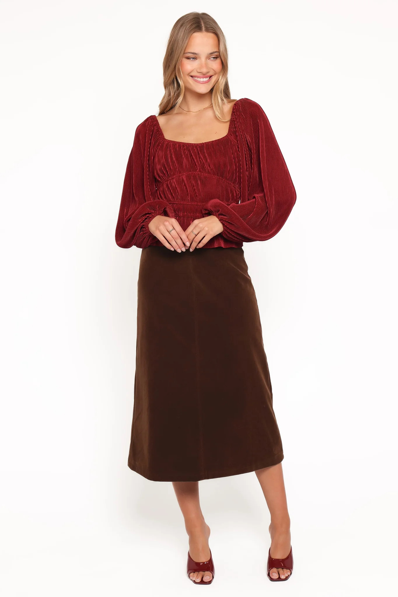 Halina Velvet Midi Skirt - Chocolate | Petal & Pup (US)