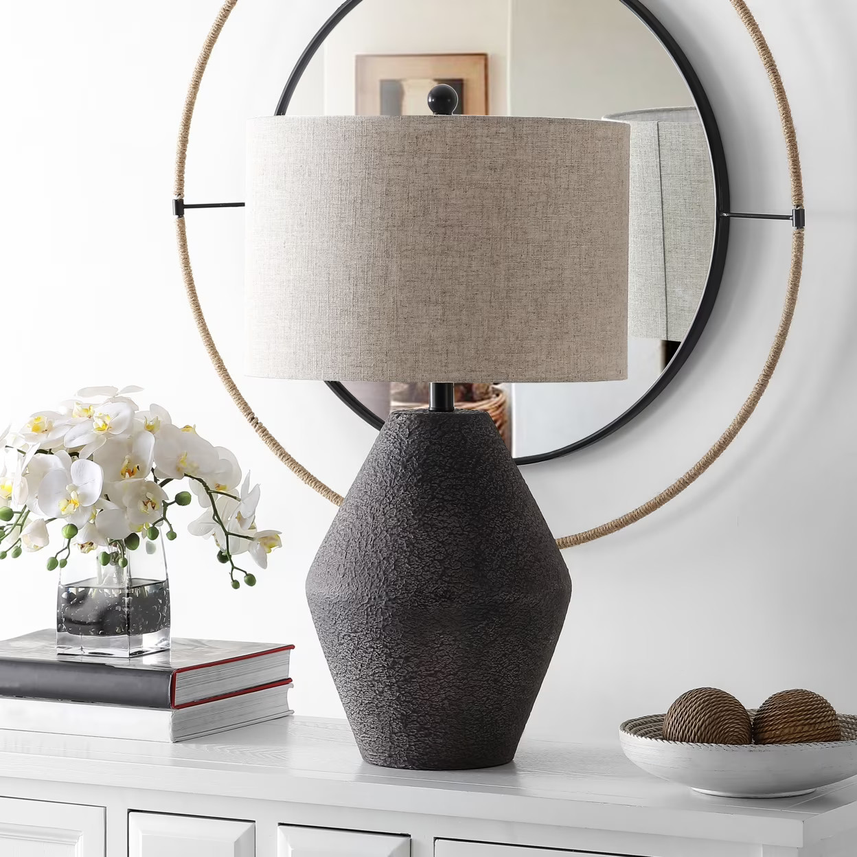 Barnes and Ivy Rustic Table Lamp Hammered Bronze Metal Pot Beige Linen Drum Shade for Living Room Family Bedroom Nightstand | Walmart (US)