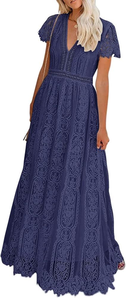 Amazon.com: MEROKEETY Women's V Neck Short Sleeve Floral Lace Wedding Dress Bridesmaid Cocktail P... | Amazon (US)