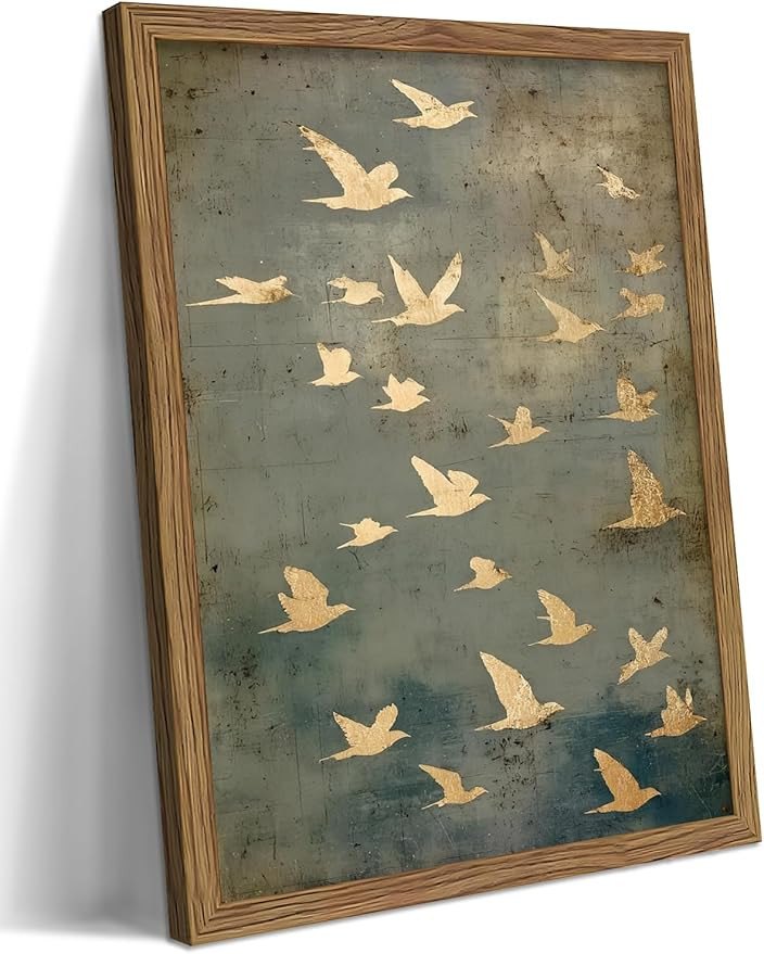 Framed Flock of Birds Canvas Wall Art, Vintage Minimalist Abstract Landscape Painting, Neutral Go... | Amazon (US)