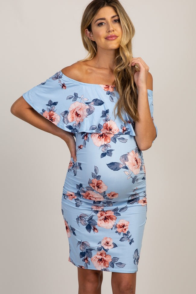 Light Blue Rose Print Ruffle Fitted Maternity Dress | PinkBlush Maternity