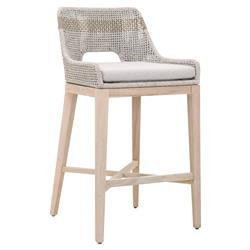 Theodore Coastal Beach Taupe Woven Cushion Solid Grey Teak Outdoor Bar Stool | Kathy Kuo Home