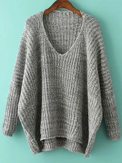 Grey V Neck Batwing Sleeve Dip Hem Oversized Sweater | ROMWE