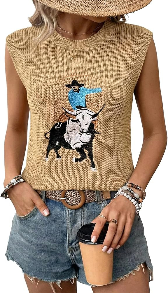 SHEWIN Women's Western Sweater Vest Crewneck Sleeveless Tops Cowgirl Casual Embroidered Tank Top ... | Amazon (US)