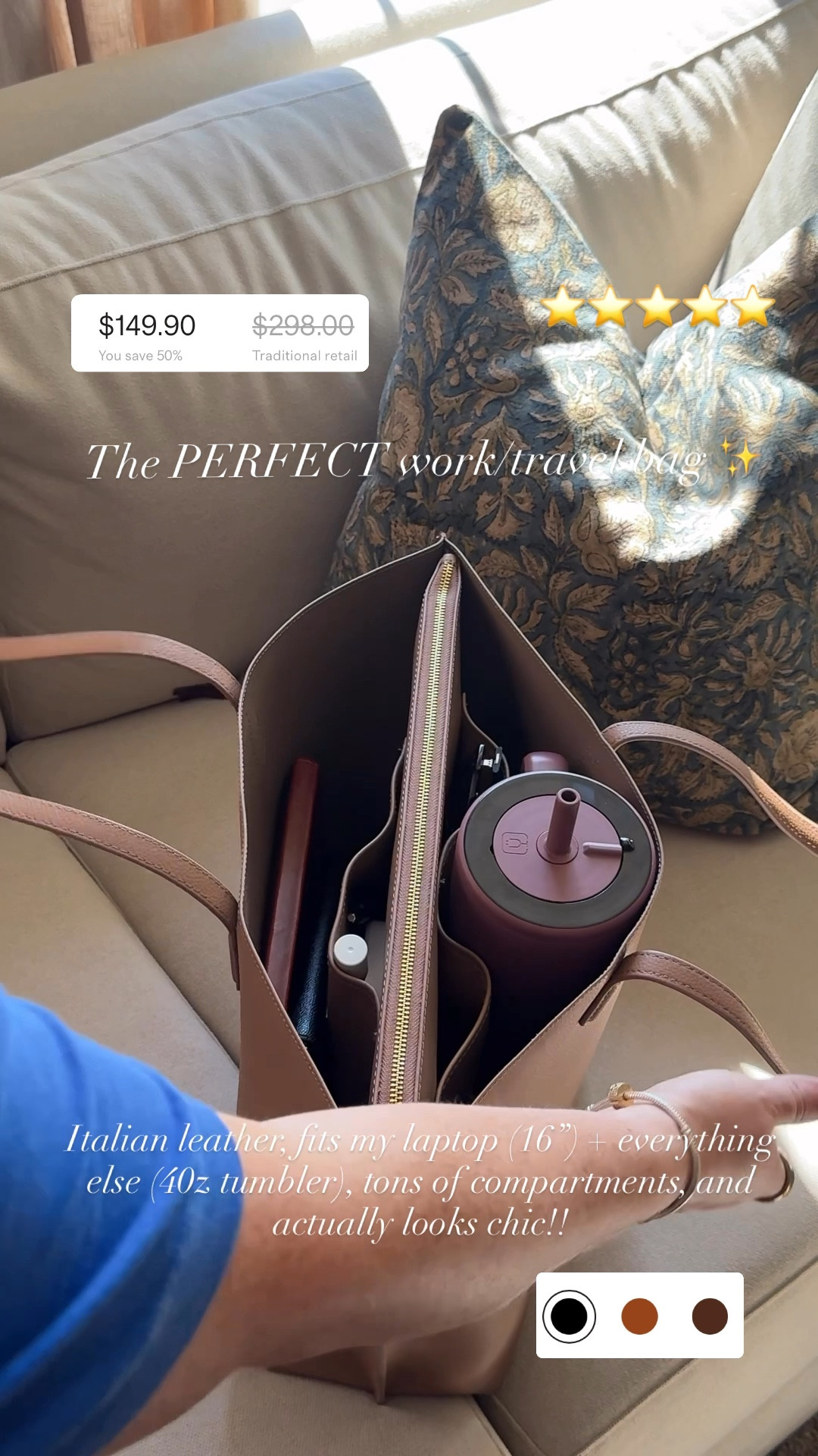 The PERFECT bag for work/travel. Big enough to fit my 16” laptop and 40oz tumbler, but not soo big that it’s uncomfortable to use! 💼🤎 

#quincepartner @onequince

#LTKItBag #LTKWorkwear #LTKTravel