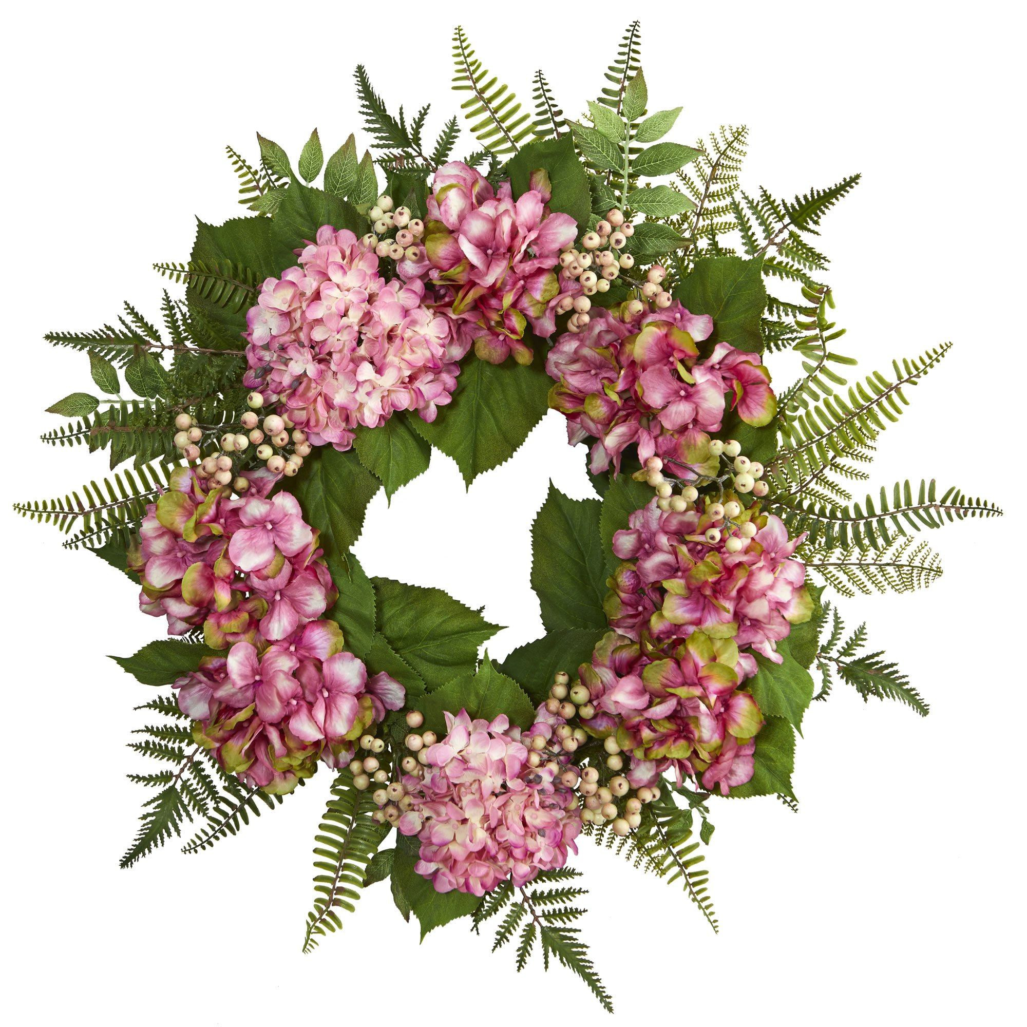 24” Artificial Pink Hydrangea Berry Wreath | Nearly Natural | Nearly Natural