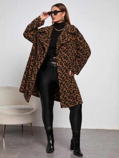 SHEIN Plus Lapel Neck Leopard Pattern Drop Shoulder Teddy Coat | SHEIN