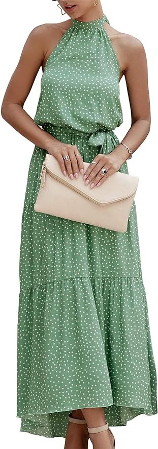 PRETTYGARDEN Women’s Casual Halter Neck Sleeveless Floral Long Maxi Dress Backless Loose Ruffle... | Amazon (US)