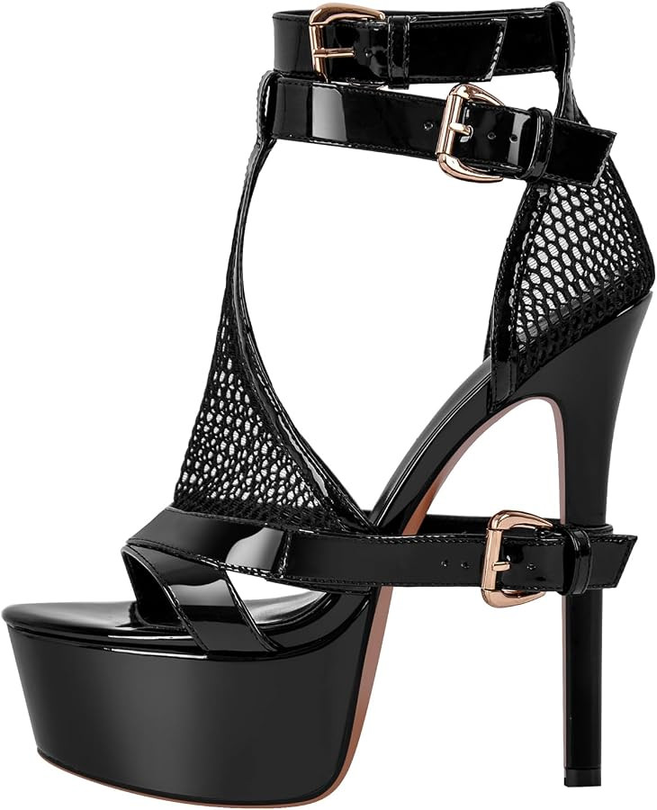 Women's High Stiletto Heels Platform Mesh Buckle Open Toe Ankle Strap Dress Shoes Sandals | Amazon (US)