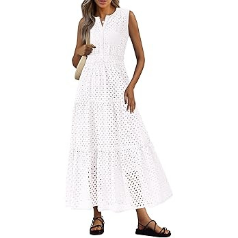 PRETTYGARDEN Womens 2026 Summer Maxi Dresses Sleeveless Sundresses V Neck Eyelet A Line Long Flow... | Amazon (US)