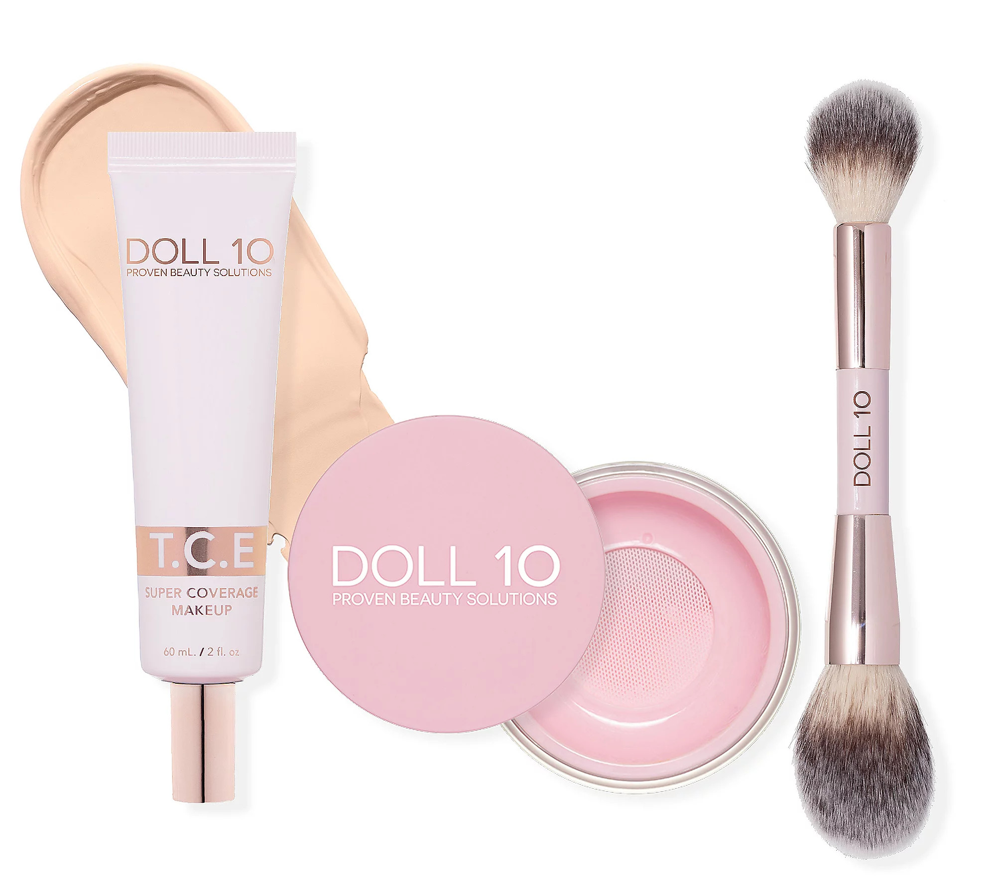 Doll 10 Super-Size TCE Foundation, Pink Powder & Brush 3PC Set | QVC