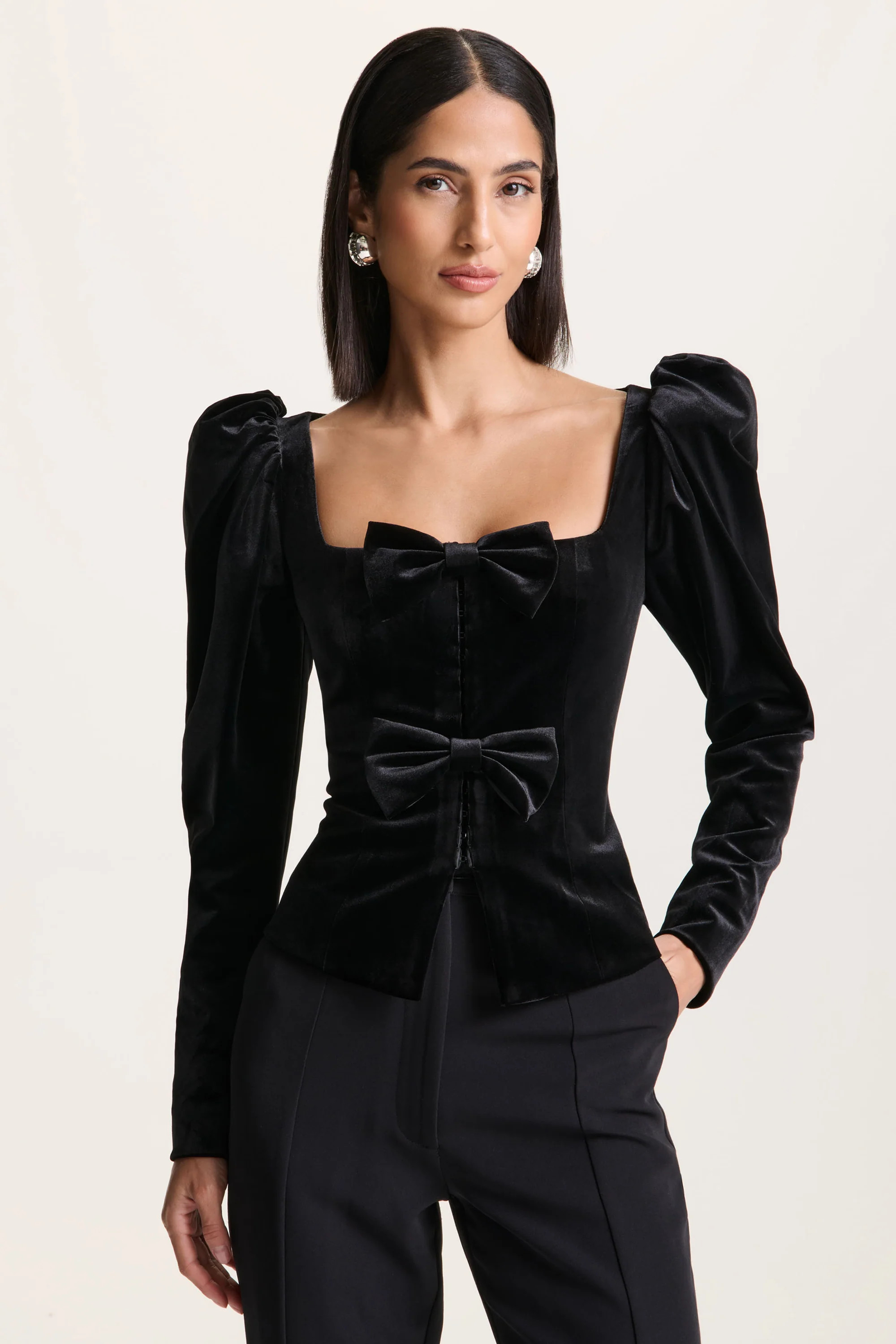 Suzu  Black Velvet Puff-Sleeve Top With Bows | Club L London