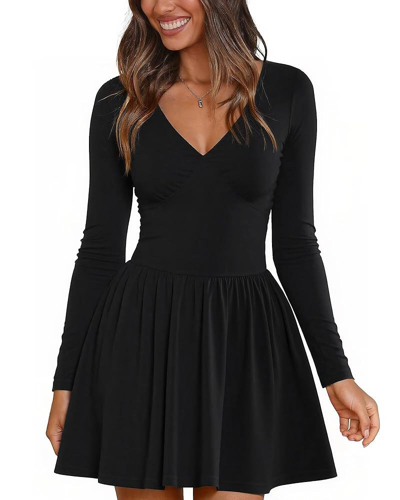 BWQ Women's V Neck Mini Dress Long Sleeve Ruched Elastic Waist Casual Flowy Short Party Dresses | Amazon (US)