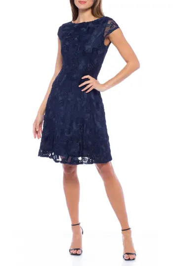 Marina Embroidered Cap Sleeve Fit & Flare Dress in Navy at Nordstrom Rack, Size Medium | Nordstrom Rack