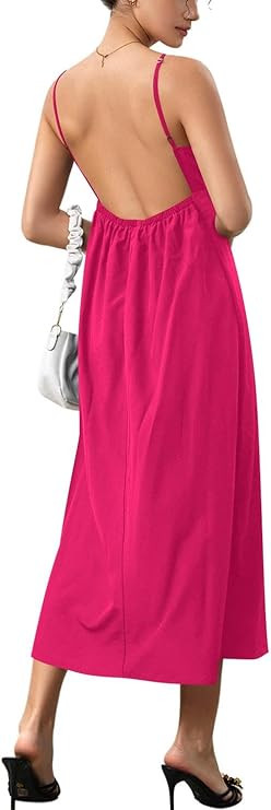 SOLY HUX Women's Summer Dress Backless V Neck Spaghetti Strap Loose Flowy Midi Cami Dresses | Amazon (US)