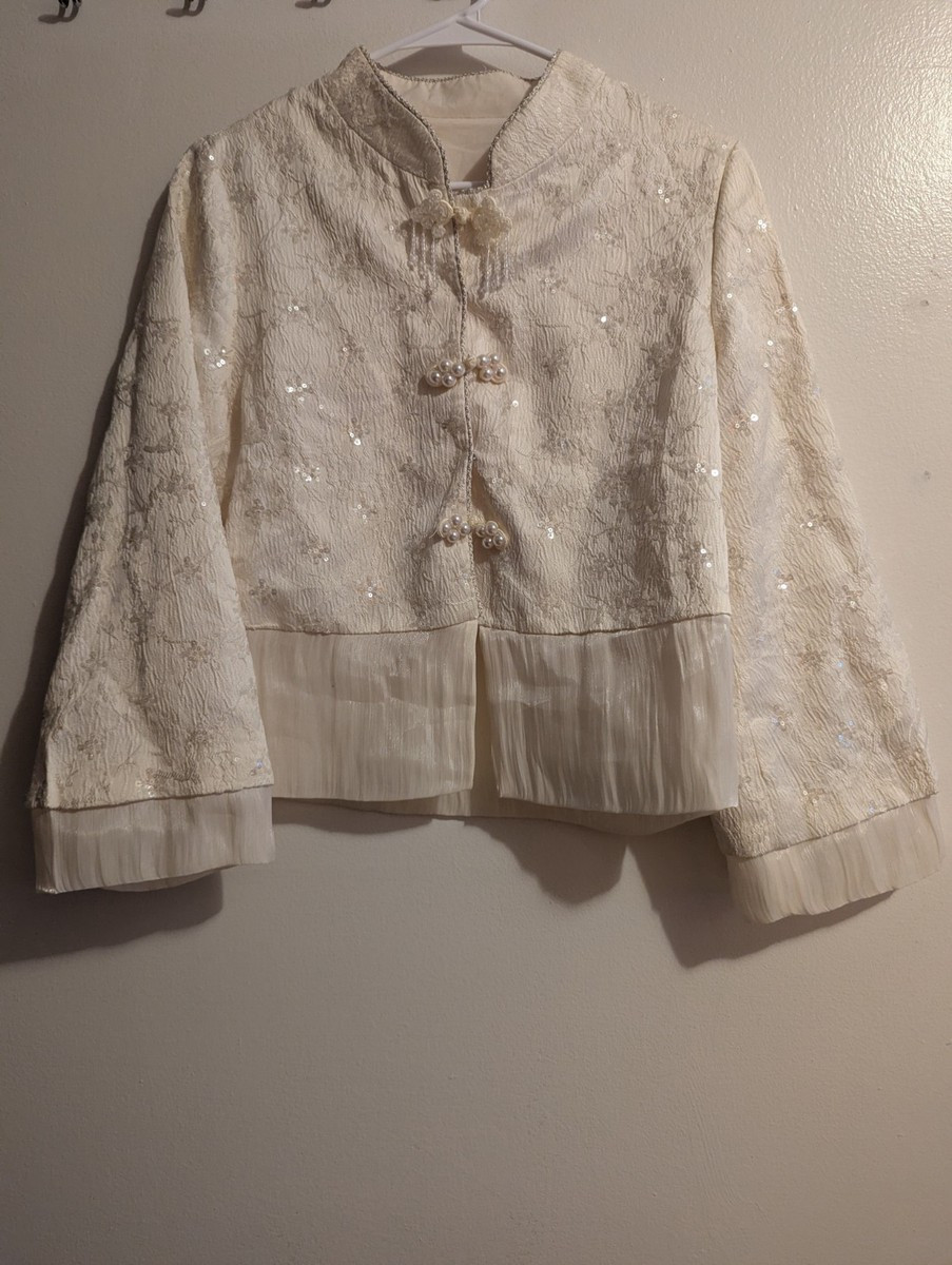 Cream Lace Sequin Tang Suit Jacket Frog Closure Faux Pearl Mandarin** | eBay US