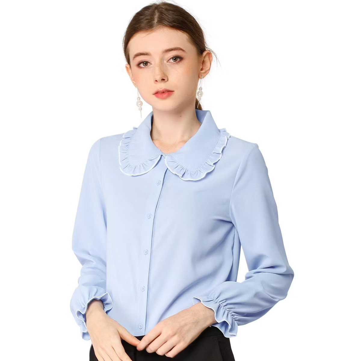 Allegra K Women's Sweet Ruffle Peter Pan Collar Long Sleeves Button Down Shirt | Target