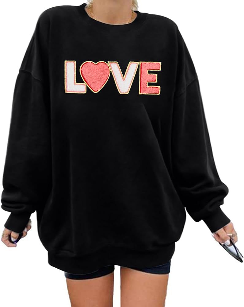 Valentine's Day Sweatshirt Women Glitter Patch Love Heart Long Sleeve Shirt Letter Print Pullover... | Amazon (US)