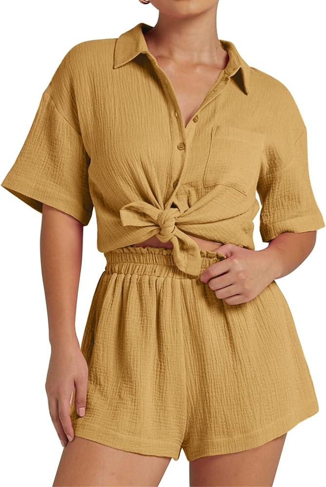 Flygo Womens Casual 2 Piece Outfits Cotton Linen Sets Button Down Shirt Shorts Resort Wear 2024 P... | Amazon (US)