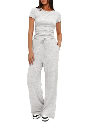 Darong Women's 2 Piece Set Outfits Lounge Sets Ruched Short Sleeve Tops High Waisted Wide Leg Pants Tracksuit Sets 9042B(inseam30-31) Light Grey XL | Amazon (US)