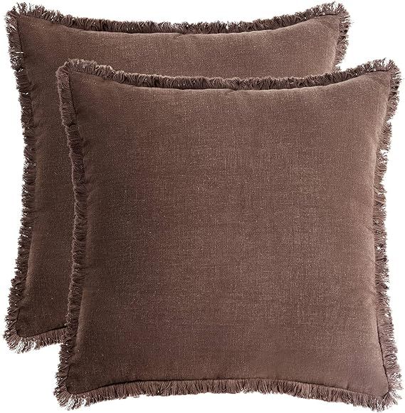 AmHoo Pack of 2 Linen Pillow Covers with Tassels Fringed Decorative Rustic Natural Throw Pillowca... | Amazon (US)